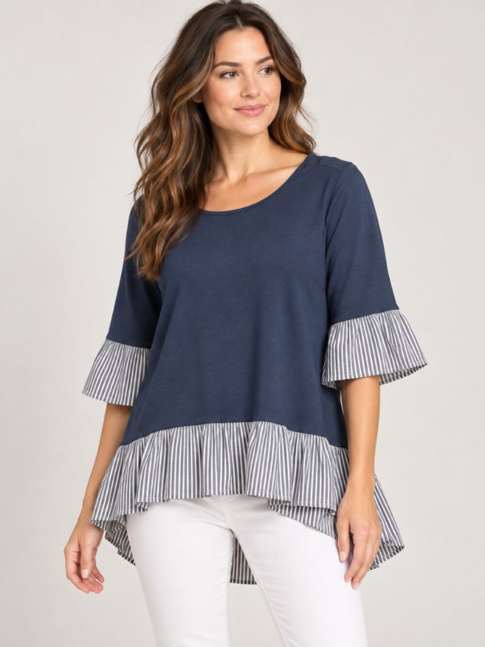 Pleione Navy Striped Ruffle Bell Sleeve Top Medium NWT